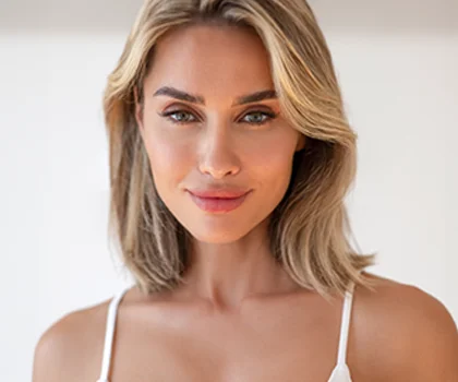 Beautiful blonde woman in white tank top, smiling - Eyelid Surgery in San Francisco, CA